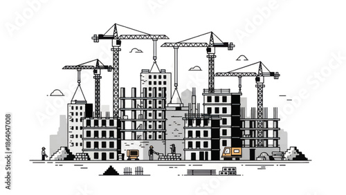 Urban construction site with cranes and buildings under development