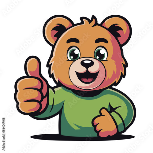 Friendly cartoon bear mascot giving a positive thumbs-up gesture with a happy smile, wearing a green shirt.