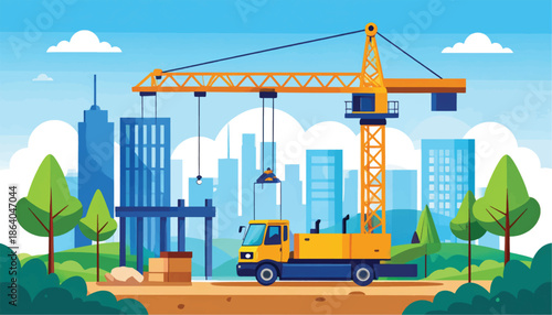 Vibrant cityscape with construction crane and modern skyscrapers