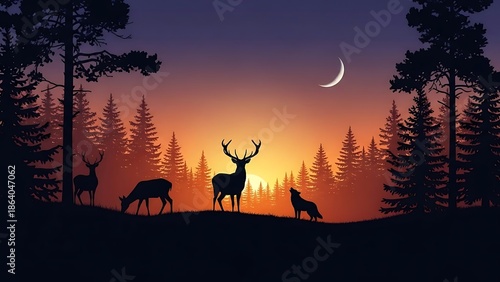 Forest animals at sunset