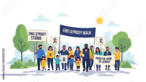 Diverse group of people participating in an End Leprosy Walk with signs promoting awareness and understanding symbolizing community support and health advocacy