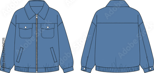 cad drawing flat vector, denim jacket front back view, technical fashion sketch, garment template, apparel design, vector illustration