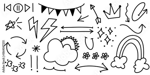 Doodle elements including arrows, clouds, stars, lightning bolts, and decorative ornaments for design