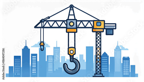 Construction crane in front of modern city skyline at sunset