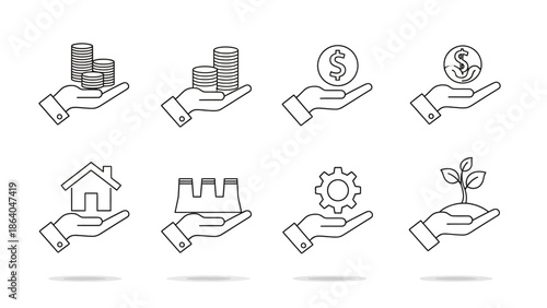 Set of Hand Icons Representing Financial Growth and Investment Concepts.