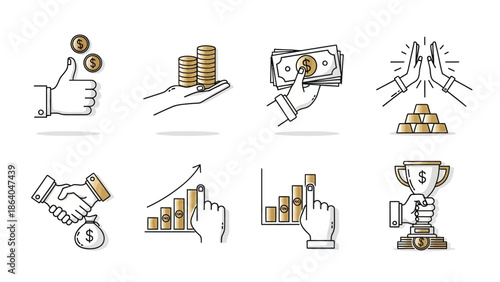 Hand drawn doodle set of business and finance icons.