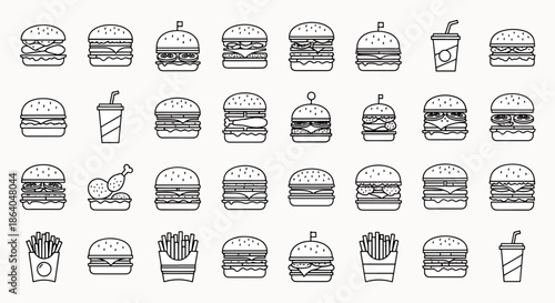 Flat Vector Icons of Hamburgers, French Fries, and Drinks for Fast Food and Menu Design