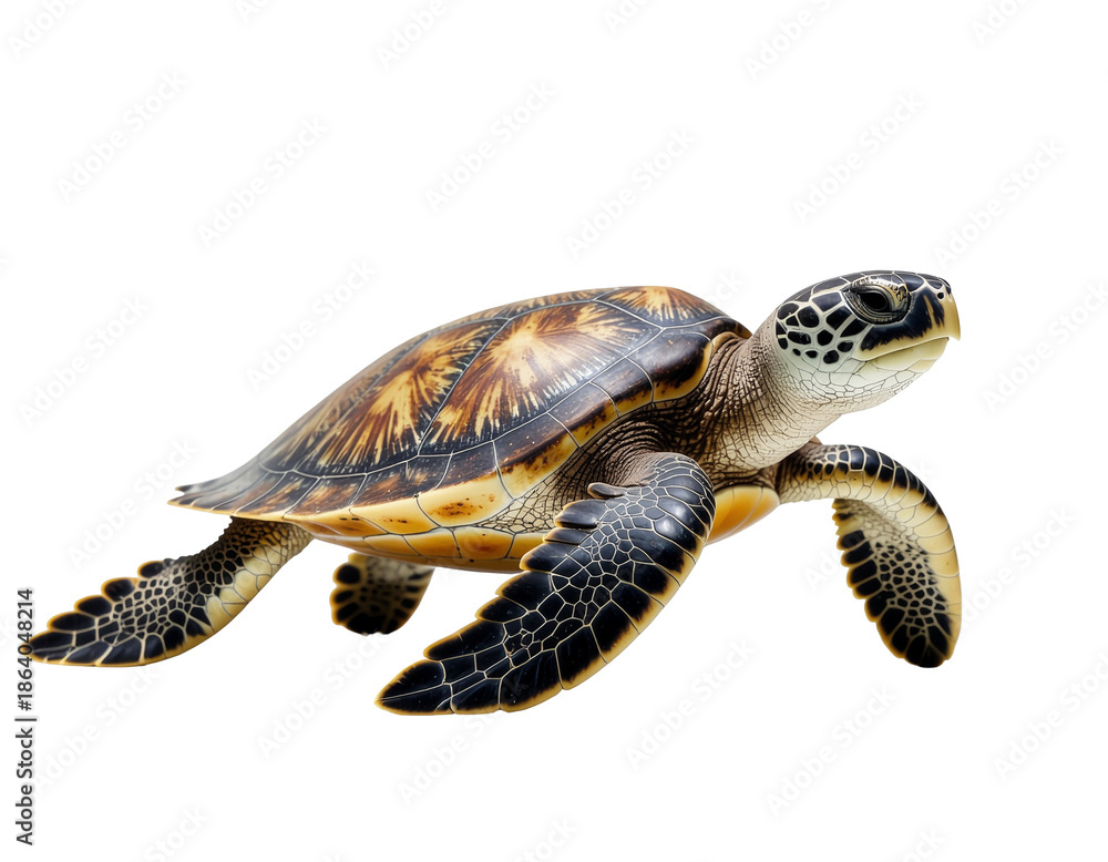 Obraz premium Sea turtle swimming forward with detailed patterned shell and textured flippers