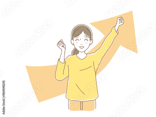 上昇する矢印とガッツポーズをする笑顔の女性、成功と達成のビジネスイラスト