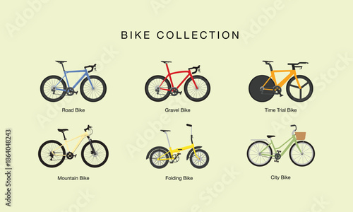 Set of different bicycles models. Set of different bicycle types including road bike, gravel bike, time trial bike, mountain bike, folding bike, and city bike.