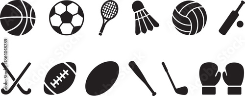Silhouette vector icons of gloves for soccer, tennis, boxing and badminton stick sports.