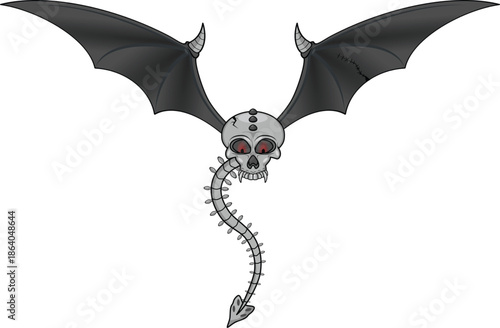 a spooky skeletal dragon with bat wings and red eyes, a menacing creature of horror, a dark fantasy character for Halloween or a gothic theme, vector illustration