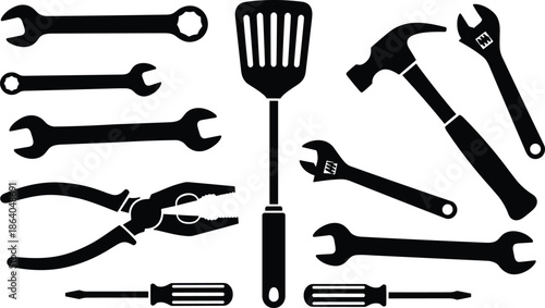 Hand tool silhouette set featuring wrenches, hammer, pliers, screwdrivers, and a kitchen spatula for repair and DIY projects.
