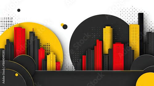 Abstract cityscape with geometric shapes and contrasting colors design