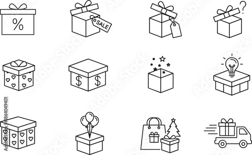 Shopping gift box icon set featuring sale tags discount percentages delivery truck and holiday surprise symbols for marketing.