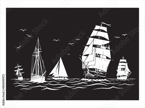 Illustration of Sailing Ships on the Open Sea with Birds