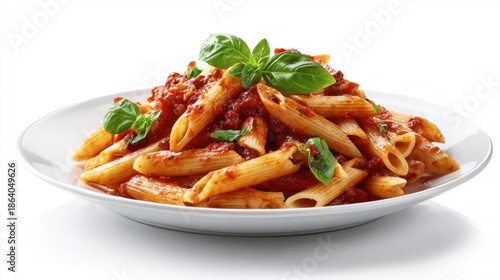 a flat high-edge ceramic plate filled with penne pasta.. The pasta is evenly coated with a generous helping of a deep red pasta sauce