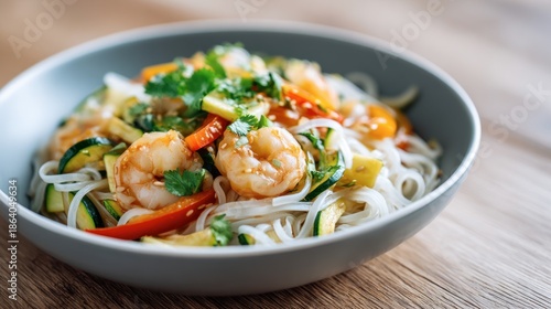 rice noodles with shrimp, zucchini and bell pepper, light Asian-inspired dinner, natural cooked noodle and shrimp textures, served in a simple Scandinavian bowl, modern Nordic kitchen background