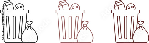Vector line icon set of overflowing trash cans with garbage bags and food waste for environmental disposal services.