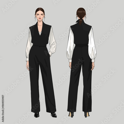 Business man and woman in suits smiling together in office