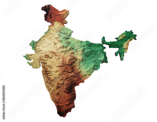 Topographic relief map of india with colorized elevation texture showing mountains, plains, and coastlines