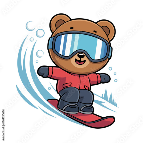 Funny cartoon zombie boy snowboarding in winter with a big smile in a playful comic style