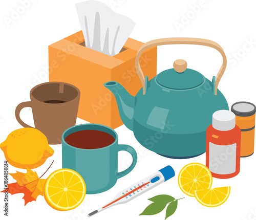 Sick person with tea and medicine illness teapot