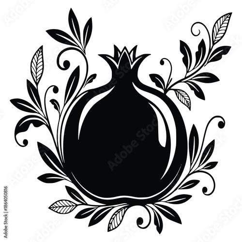 Elegant black and white silhouette illustration featuring a stylized pomegranate fruit richly surrounded by intricate swirling botanical floral designs.