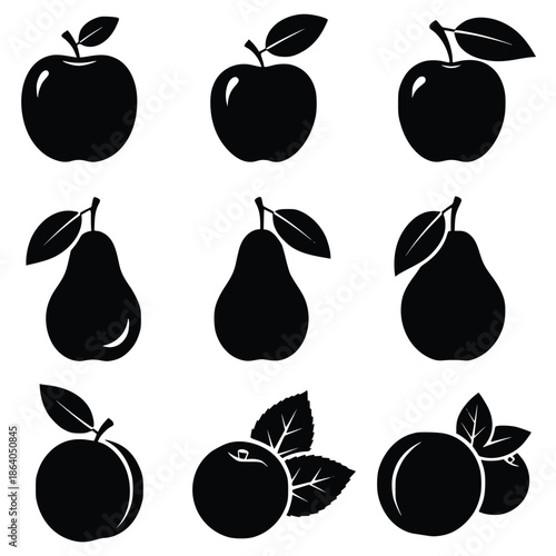 Collection of black silhouette icons featuring apples, pears, and various stone fruits with simple leaf details