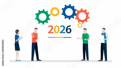 Team discussion and planning with gears symbolizing progress towards the year 2026