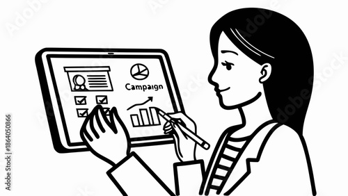 Woman interacting with a tablet displaying a campaign dashboard interface