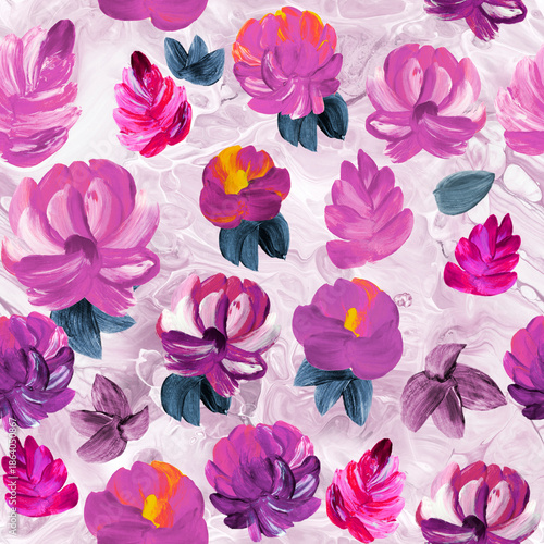 Seamless pattern of abstract pink flowers, art painting, creative hand painted background, original impressionism style, color texture, brush strokes of paint.