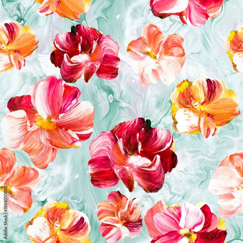 Seamless pattern of abstract pink flowers, original hand drawn, impressionism style, color texture, brush strokes of paint, art background