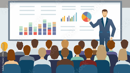 Business presentation with a speaker presenting data and charts to an audience