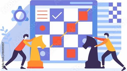 Teamwork concept with chess pieces and a digital interface illustration
