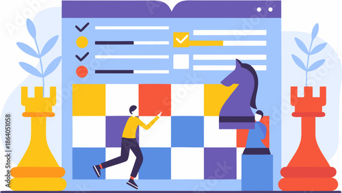 Chess strategy decision making and thoughtful planning illustration with game pieces