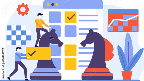 Strategic planning with chess pieces and data visualization elements