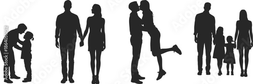 Family and couple silhouettes showing love stages, parents children relationships isolated on white background lifestyle bonding illustration concept design