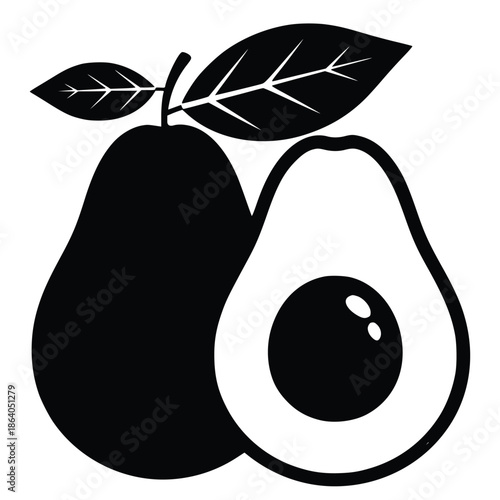 Black and white vector illustration of a whole avocado fruit next to a perfectly halved avocado showing the seed and flesh structure.