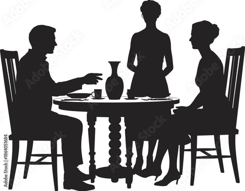 Family dinner silhouette parents talking at table with child, home mealtime conversation isolated on white background illustration, concept lifestyle design