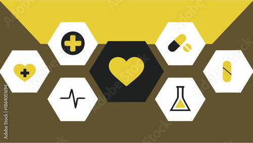 Healthcare and wellness vector illustration featuring heart and medical icons in a flat modern style with soft solid colors on a white background for 2026 design trends.