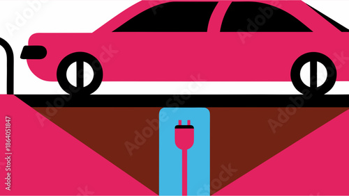 Electric vehicle concept vector illustration with EV car and charging station icons in a flat minimal design and solid colors, eco-friendly tech style for 2026.