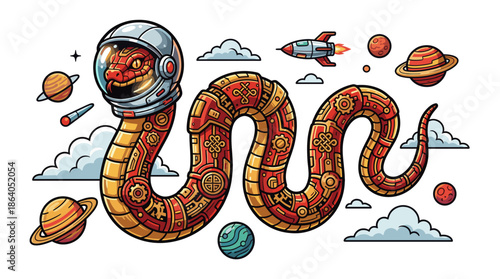 Astronaut snake wearing a helmet floating in space with planets and rockets for a sci-fi chinese lunar new year vector zodiac 2025 adventure illustration.