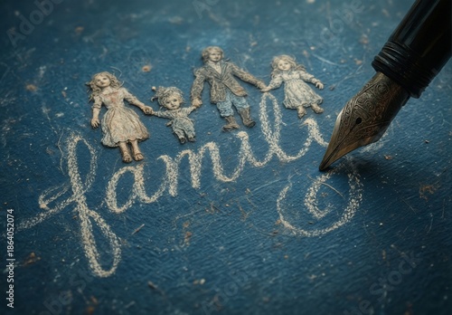 vintage family paper cutouts and handwritten ?�?family?�� text with a quill pen on blue textured background.