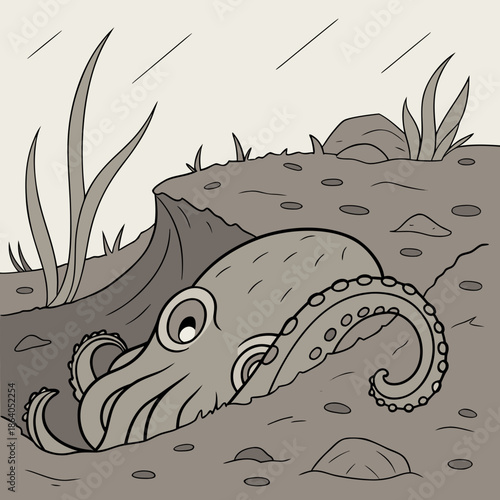 Octopus hiding under rock with seaweed sea creature