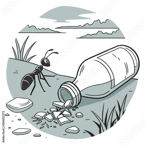 Ant standing next to overturned pill bottle on ground