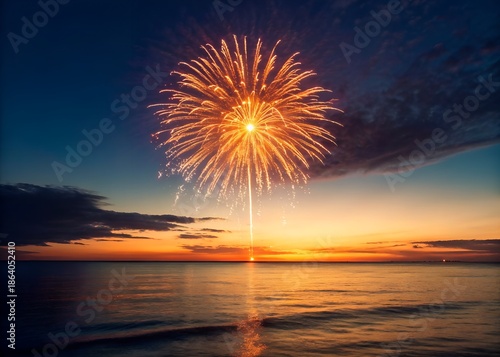 fireworks display over ocean at sunset new year celebration