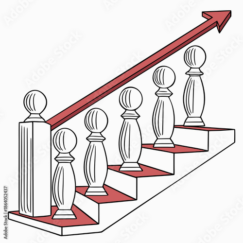 Wooden figurines on staircase with increasing height and red arrow