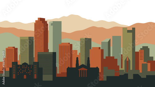 Denver Colorado city skyline vector illustration flat design. Downtown urban cityscape panorama with Rocky Mountains background. USA travel landmark architecture concept. Retro landscape art.
