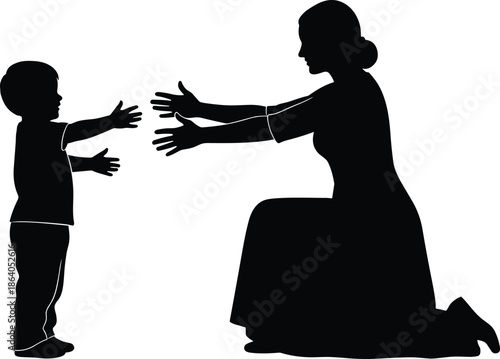Mother kneeling to hug child silhouette, loving parenting bonding moment isolated on white background emotional family care illustration concept